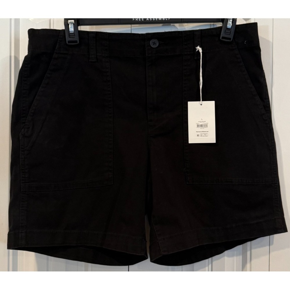Free Assembly Women's Black Utility Cargo Shorts L NWT Cotton Stretch 7"